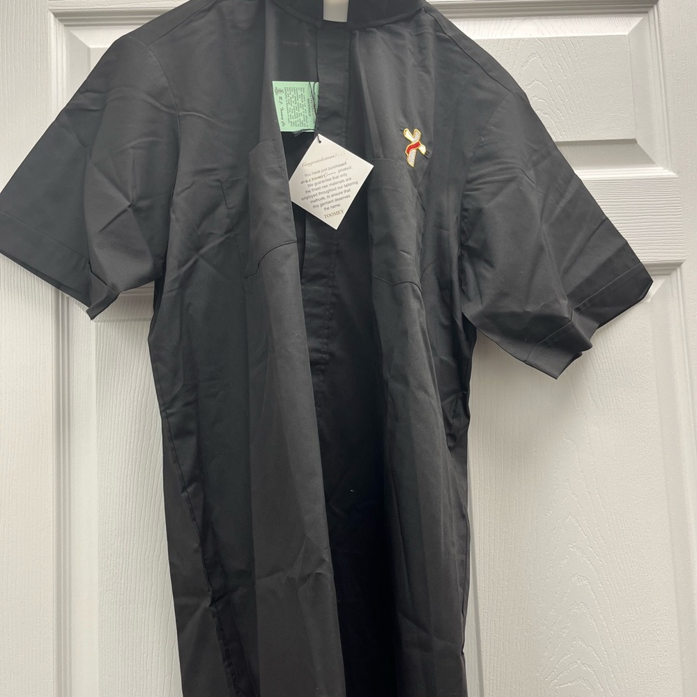 Deacon Black Men's Tab Collar Shirt Deacon embroidered Cross Short Sleeves